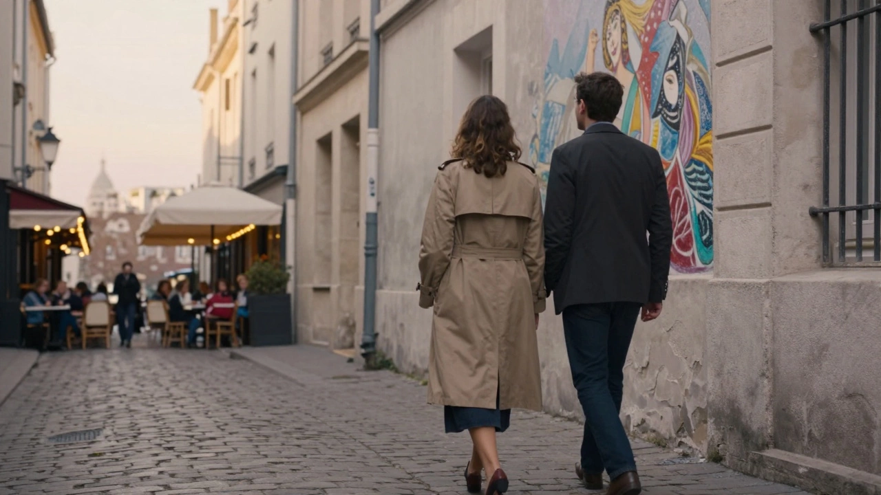 A couple walks peacefully through Montmartre, admiring a hidden mural in the golden afternoon light.