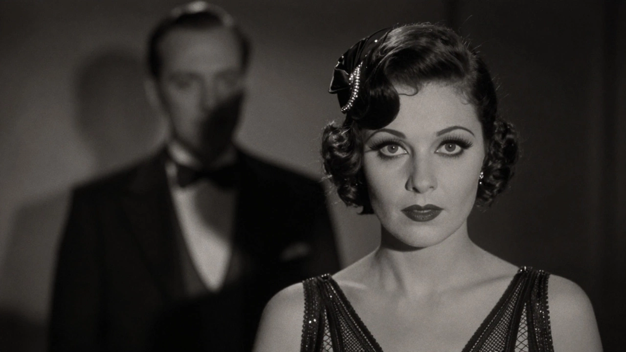 A silent film actress stares into the camera as a shadowy producer looms behind her in 1920s Hollywood.