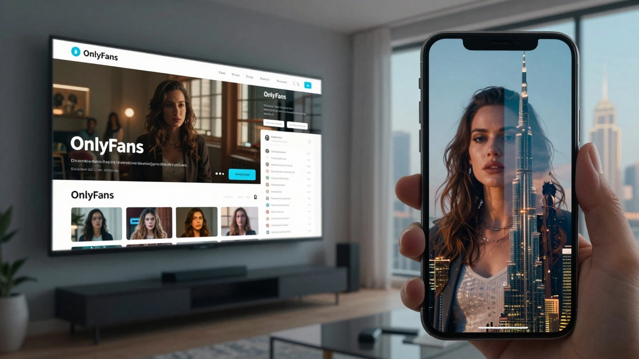 A woman&#039;s face reflected on multiple screens showing acting roles, OnlyFans, and a Dubai skyline.