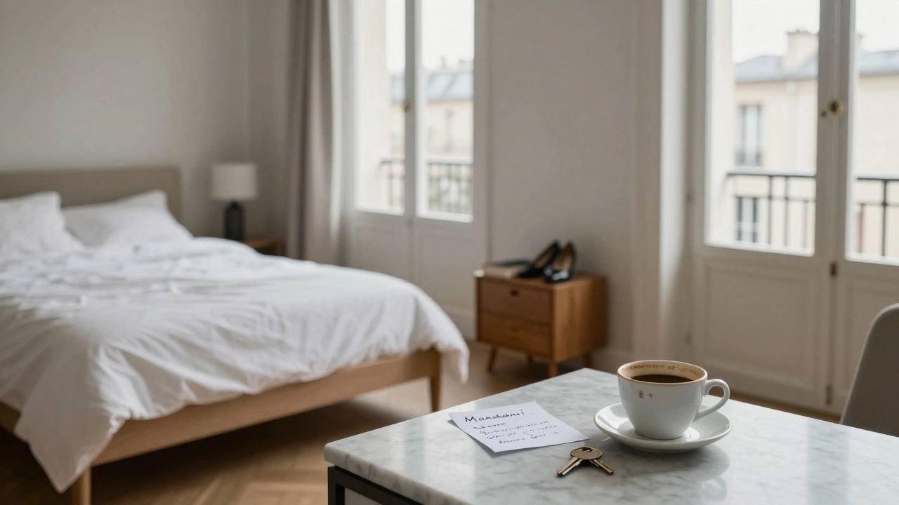 An empty Paris apartment with a book, coffee cup, and key left behind — a quiet sign of a meaningful visit.